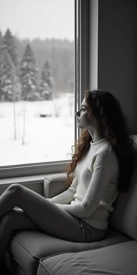 A woman sits by a window, gazing out at a snowy landscape