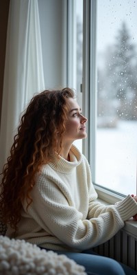 Woman in a white sweater watches snow fall