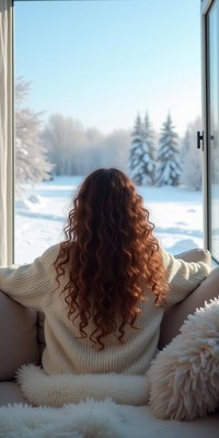 A woman sits by a window, looking out at a snowy landscape
