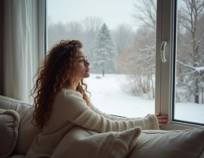 A woman sits by a window, watching the snow fall