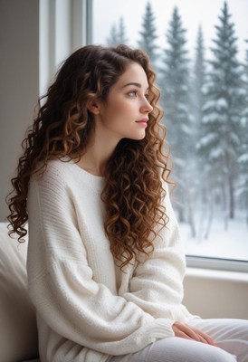 A woman with curly hair looks out a window