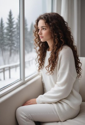 A woman with curly hair gazes at the snow