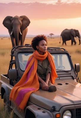Woman on safari watches elephants afar