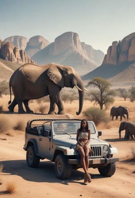Woman on a jeep in desert with elephants nearby