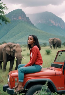 Woman on jeep in grassy field with elephants