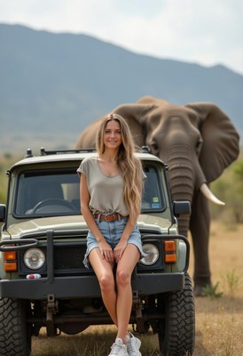 A woman smiles on a jeep as an elephant walks by