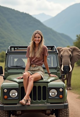 Woman on jeep hood with elephant behind