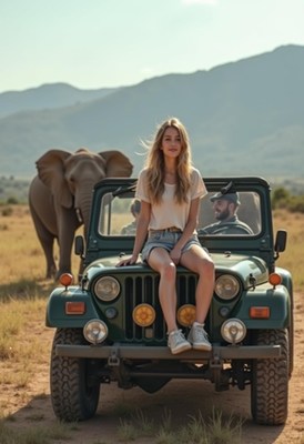 Woman on a jeep in the savanna near an elephant