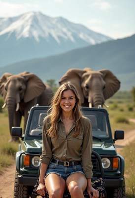 Woman smiles on jeep with elephants in africa