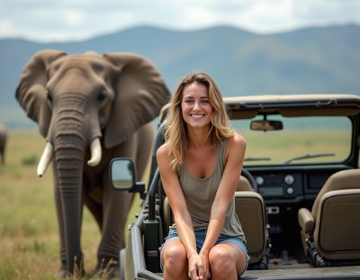 A woman smiles while on a safari in africa