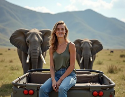 Woman smiles in safari vehicle with elephants nearby