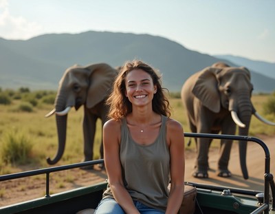A woman smiles in a safari vehicle with elephants walking by