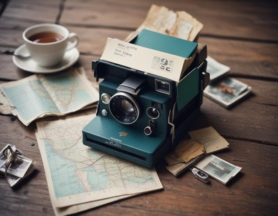 A vintage camera rests on a table with maps and photos