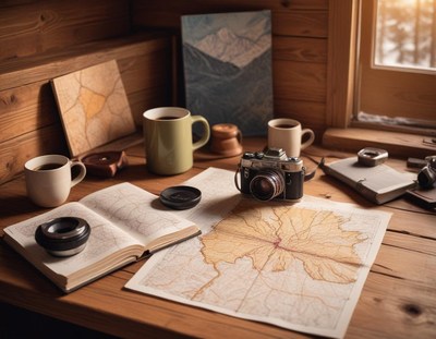 A wooden table with coffee cups, a map, and a camera