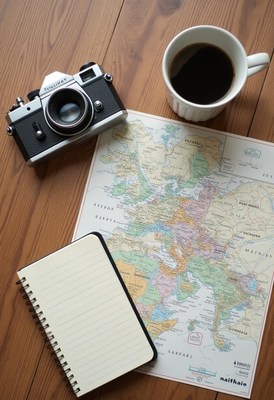 Camera, map, and notebook await a journey