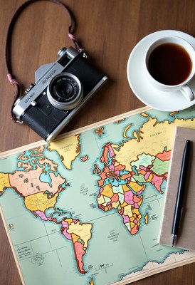 Ready for adventure: camera, coffee, world map