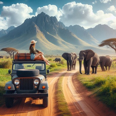 A woman enjoys the view from a jeep in the african savanna