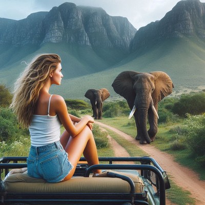 Woman watches elephants on a south african road