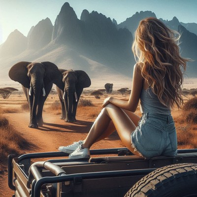 A woman watches elephants in the african savanna