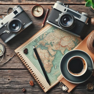 Map, camera, compass, and coffee on a table