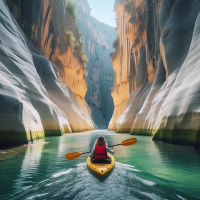 A kayaker paddles through a narrow canyon