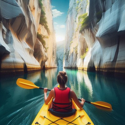 A woman kayaks through a narrow canyon on a sunny day