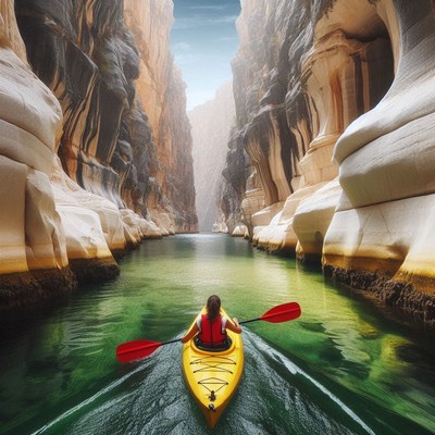 A kayaker paddles through a narrow canyon