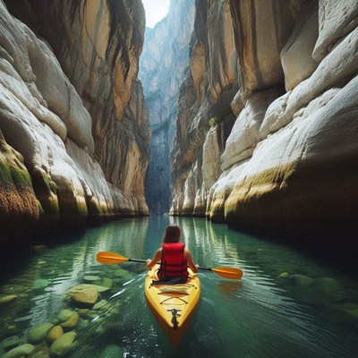 A kayaker paddles through a narrow canyon