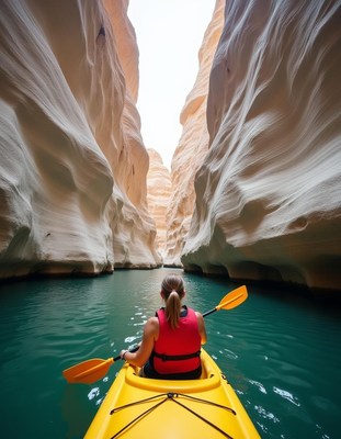 A woman kayaks through a narrow canyon