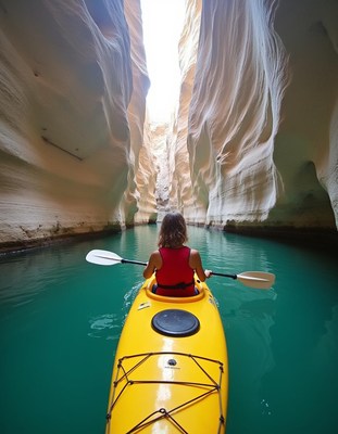 Kayaking through a narrow canyon in the summer