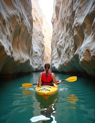 A woman kayaks through a narrow canyon