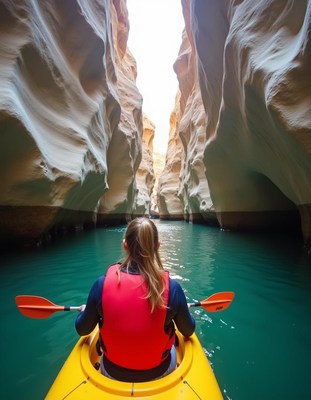 A kayaker paddles through a narrow canyon