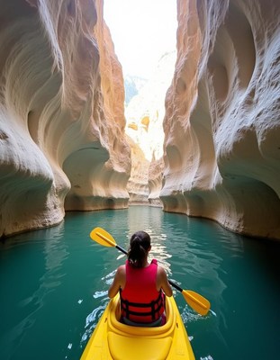 A woman kayaks through a narrow canyon
