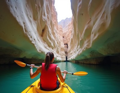 A woman kayaks through a narrow canyon