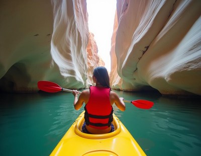 A woman kayaks through a narrow canyon
