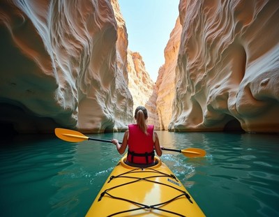 A woman kayaks through a narrow canyon