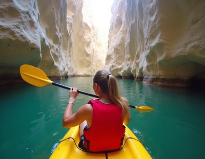 A woman kayaks through a narrow canyon
