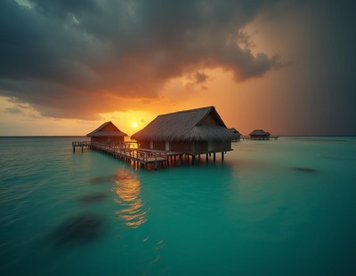 Overwater bungalows at sunset in the maldives