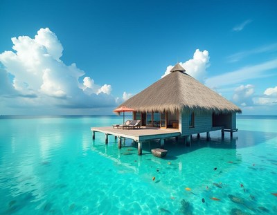 Bungalow on stilts over turquoise water