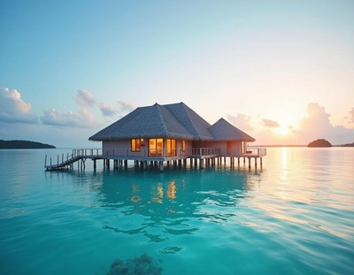 A water bungalow sits on a calm lagoon at sunset