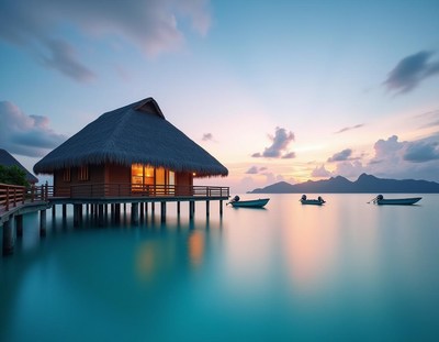 A tropical overwater bungalow at sunset