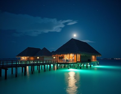 Water villas under a full moon in the maldives