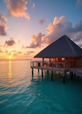 A stilted bungalow with a thatched roof at sunset