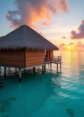 Overwater bungalow in maldives at sunset