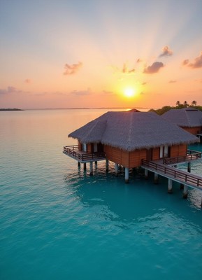 A water villa sits on the turquoise water during sunset