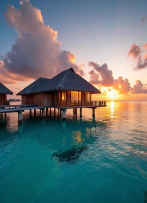 Bungalow on stilts above turquoise water at sunset