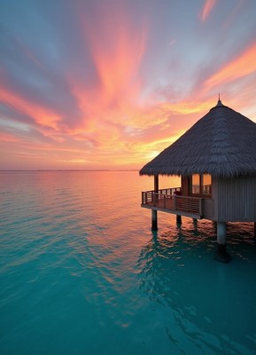 A stilted hut over turquoise water at sunset