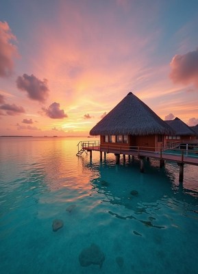 Stilted bungalow at sunset in the south pacific