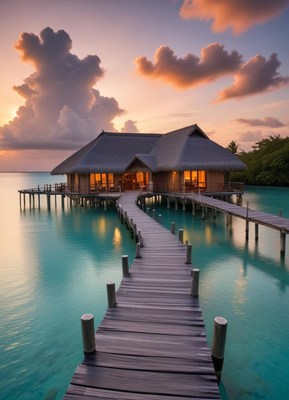 A wooden walkway leads to a tropical bungalow at sunset
