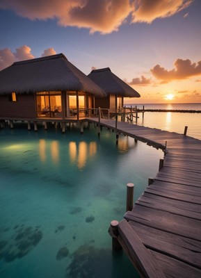 Two waterfront bungalows are lit up during a sunset